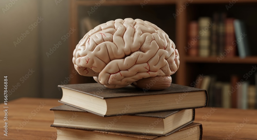Poster brain and knowledge: a detailed anatomical representation of a brain sits atop a stack of books, sym