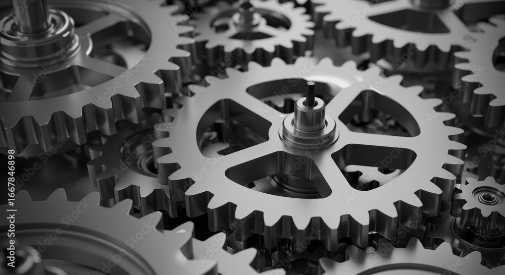 Poster mechanical gears: a close-up shot showcases an intricate arrangement of interlocking metal gears, hi