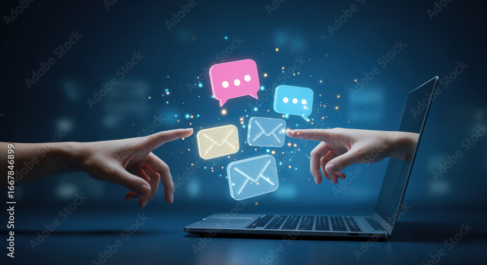 Poster digital connection: hands emerging from a laptop screen interact with floating icons representing me