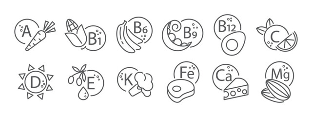 Set of line icons representing essential vitamins, minerals, and nutrients, including their food sources. Vector illustration for educational, informational, medical, or advertising purposes. © YEVHENIIA