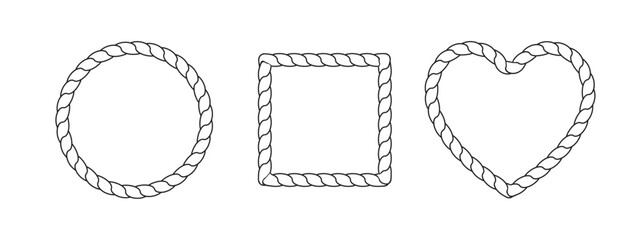 Set of Decorative Rope Frames Featuring Circular, Square, and Heart Shapes in a Minimalist Outline. Vector