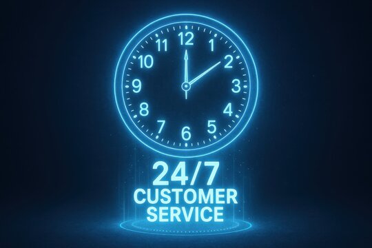 24/7 Customer Service: A radiant digital clock face illuminates, underscoring constant accessibility, a reassuring symbol of unwavering availability.