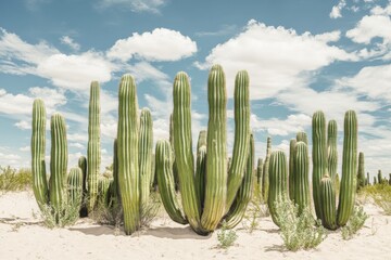 Picture of many big cactus + in the middle of the sand + white sky + with clouds + the picture is in the right corner of the picture + lifestyle + premium picture + free space