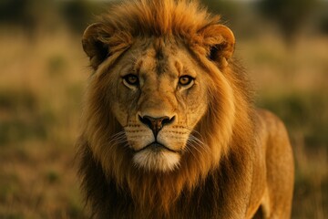 Obraz premium Lion’s Regal Stare: A majestic lion, the undisputed king of the savanna, with its thick mane and piercing gaze, embodying power, grace, and untamed wilderness.