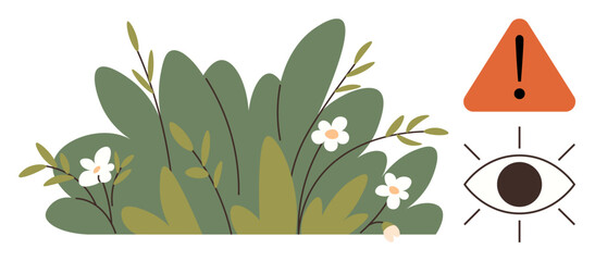 Green leaves and white flowers with an eye symbol and caution sign emphasizing vigilance, nature conservation, and attentive observation. Ideal for safety, awareness, sustainability, ecology, signs