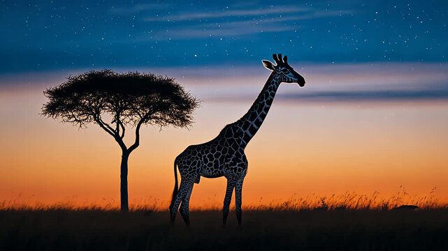 A majestic giraffe stands tall against the backdrop of a twilight sky, stars twinkling above.