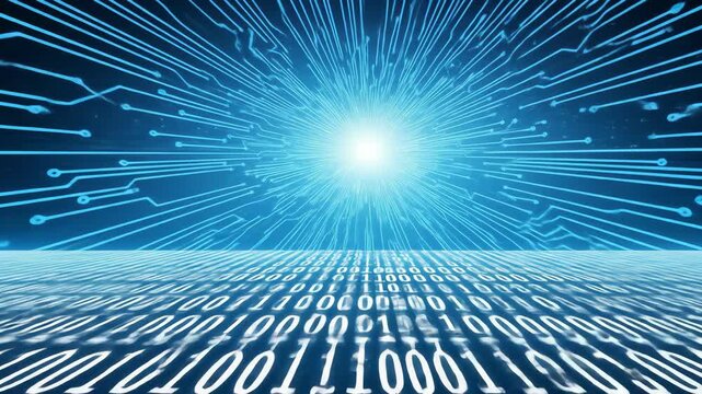Abstract digital technology background with binary code and circuit lines.