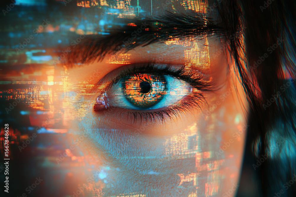 Poster generative ai glitch art composition of male female face merged with digital code and futuristic vis