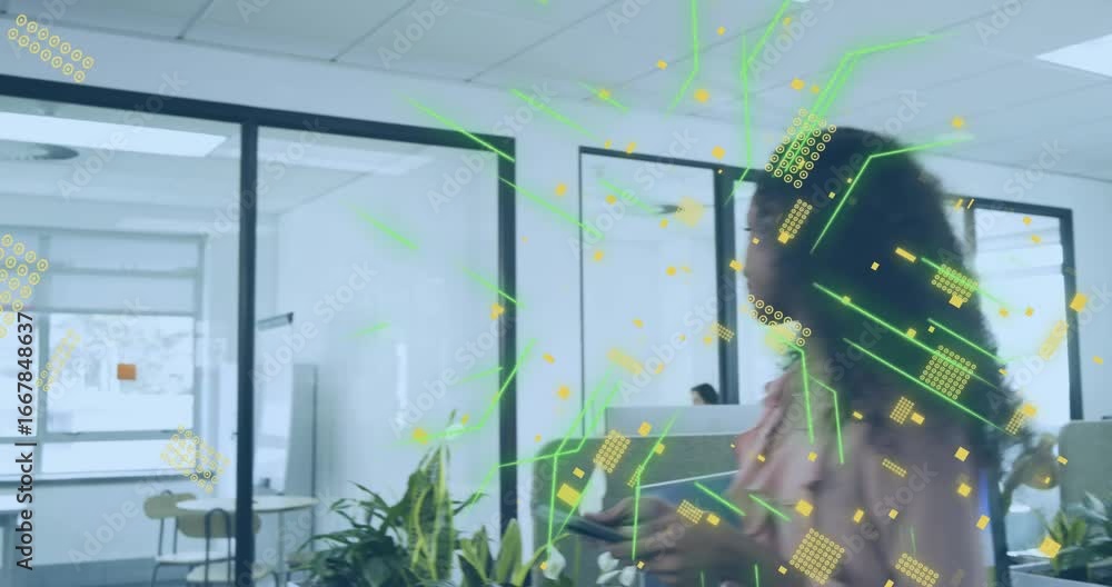 Poster office professional checking phone animating data overlays then giving tablet data to coworker