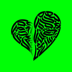 Heart shape filled with intricate black calligraphy against a vibrant green background design art