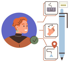 Profile of a user beside checklist showcasing keyboard, approval gesture, location pin, password, and pen. Ideal for security, technology, access management, user experience authentication process