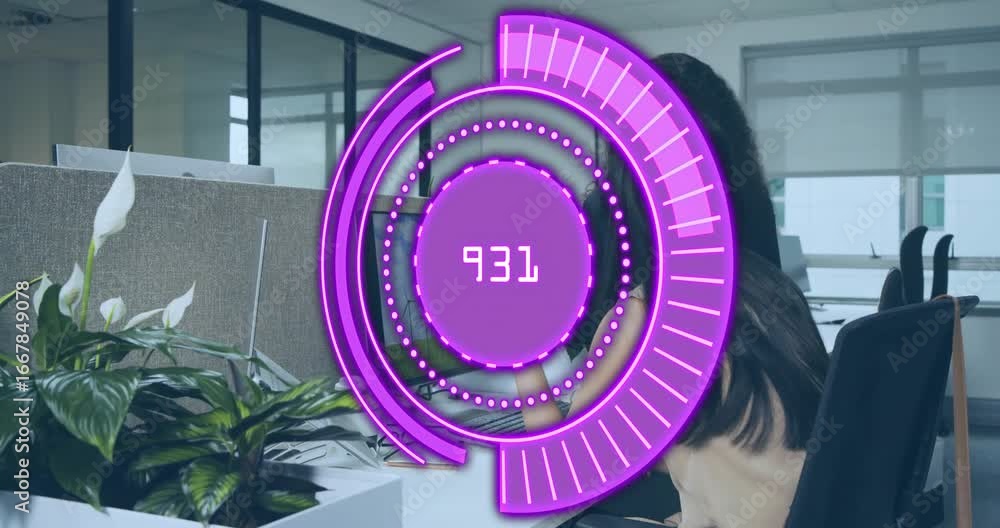 Poster user clicking chart icon, pointing and typing while purple data orb cycling readings for analysis