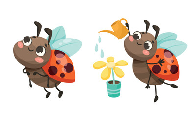 Adorable and Colorful Cartoon Insects Gently Watering a Beautiful Flower in a Garden Setting