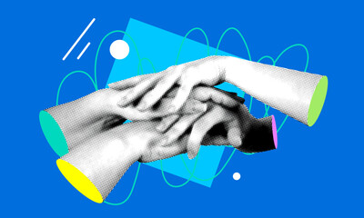 Naklejka na ściany i meble Teamwork concept. Сolleagues folding their hands together. Modern collage with bunch of peoples hands. Pile of arms folded on top of each other. Productive work. Teambuilding. Creative collaboration