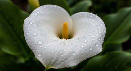 White Calla Lily Bloom Close-up with Dew Drops