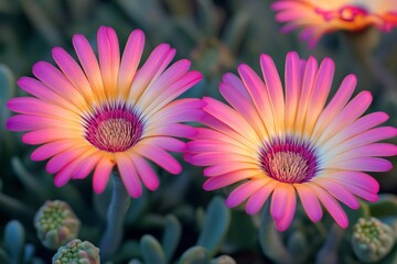 Two vibrant pink and peach flowers,  radiant in soft light