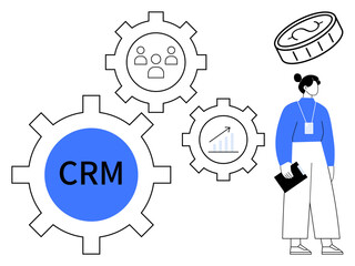 Gears labeled CRM, user profile, growth chart, and coin with businesswoman represent customer relations, analytics, and financial management. Ideal for management, teamwork, CRM strategy analysis