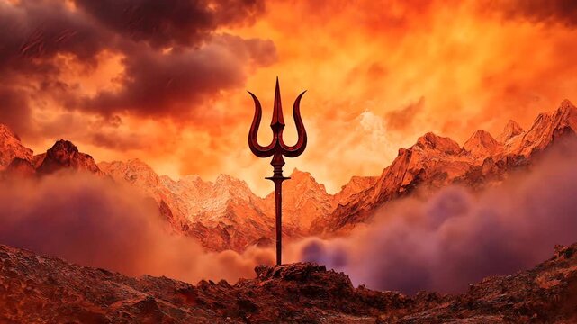 Mythical divine weapon standing in fire and lava
