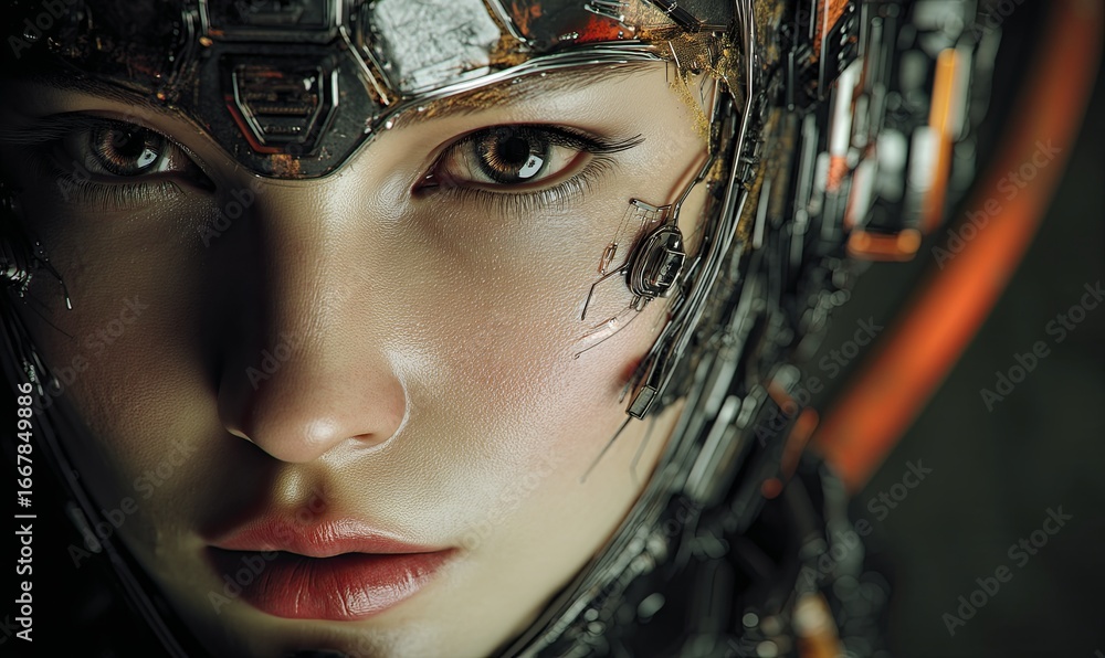 Poster futuristic humanoid robot with intricate metallic features in close-up