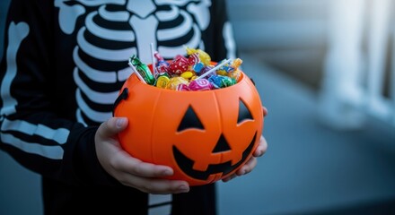 Child in skeleton costume holding orange halloween pumpkin bucket full of candy