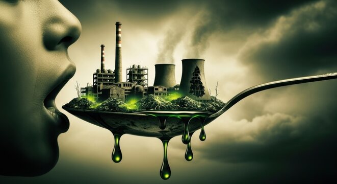 Conceptual image of a human consuming a spoon with a polluting industrial complex and green toxic waste