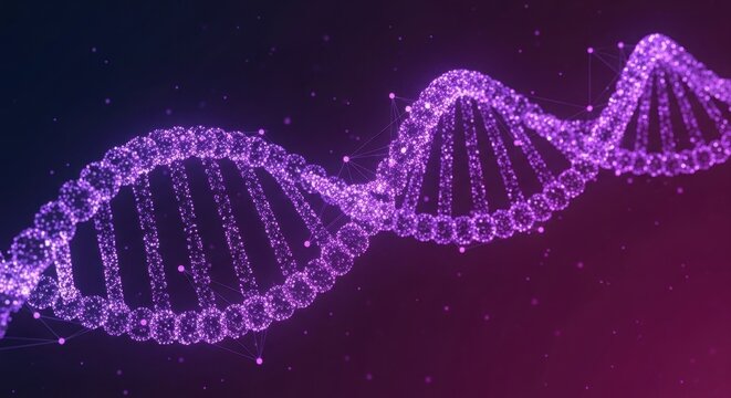 Abstract futuristic DNA double helix structure with glowing particles and connections