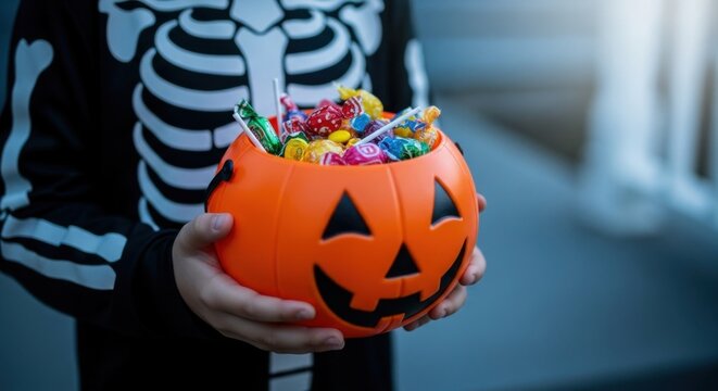 Child in skeleton costume holding orange halloween pumpkin bucket full of candy