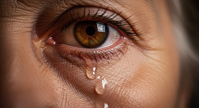 Close up of an elderly woman brown eye with glistening tears and wrinkled skin, conveying emotion