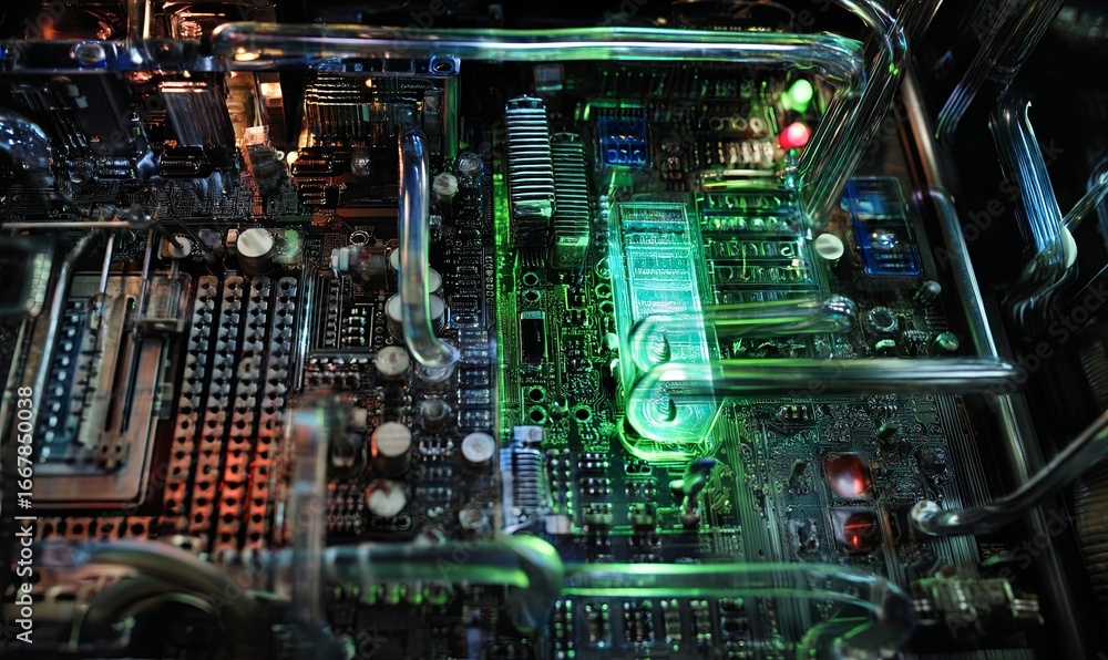 Poster close up of a computer motherboard featuring illuminated components