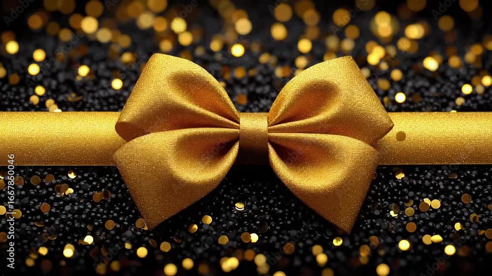 Poster a golden ribbon with a large bow on a sparkling black background filled with golden bokeh lights.