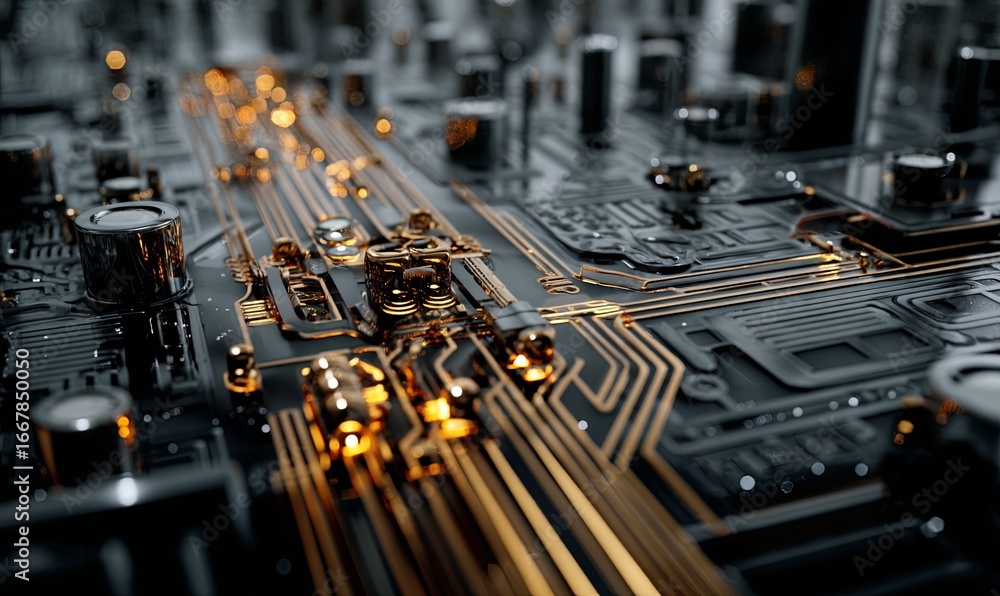 Poster close-up of a circuit board with detailed pathways and components