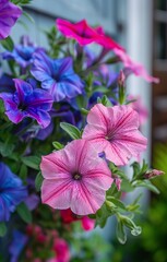 Vibrant pink and blue petunias in a hanging planter