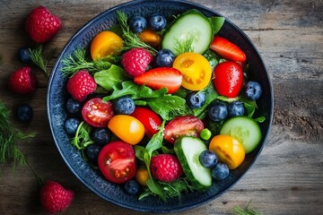 Vibrant salad bowl with mixed fruits and vegetables