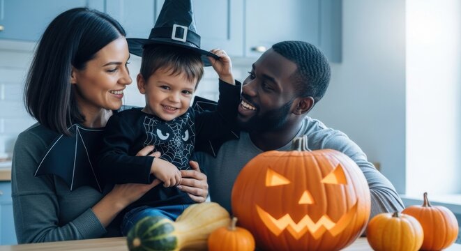Happy multiethnic family celebrating halloween with son in witch hat and carved pumpkins