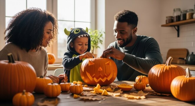 Happy african american family carving halloween pumpkins with son in costume