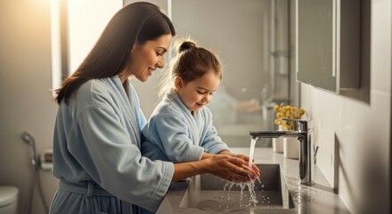 Happy mother and young daughter in light blue bathrobes washing hands at modern bathroom sink
