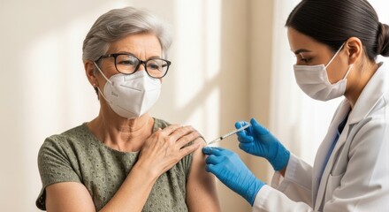 Elderly woman wearing mask getting COVID 19 vaccination from healthcare worker