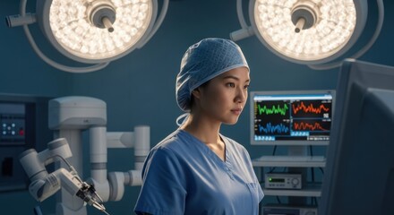 Focused asian female doctor monitoring vital signs during advanced robotic surgery