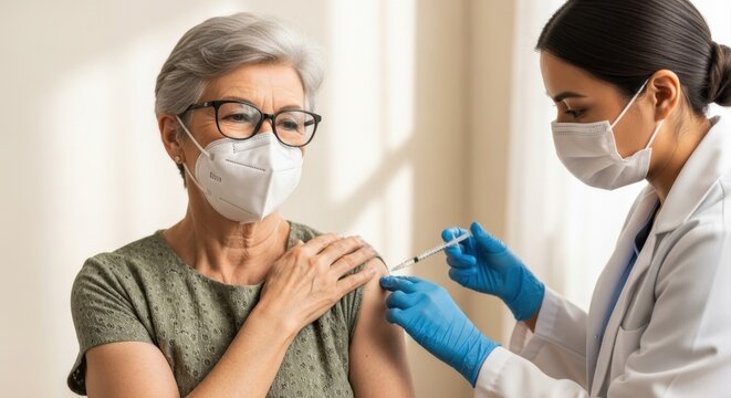 Elderly woman wearing mask getting COVID 19 vaccination from healthcare worker