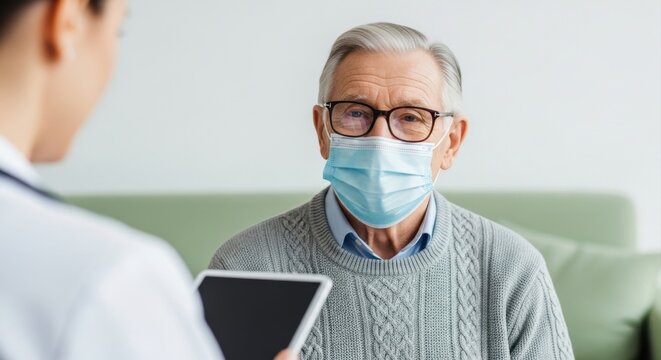 Elderly man with gray hair and glasses wearing a medical mask during a doctor consultation