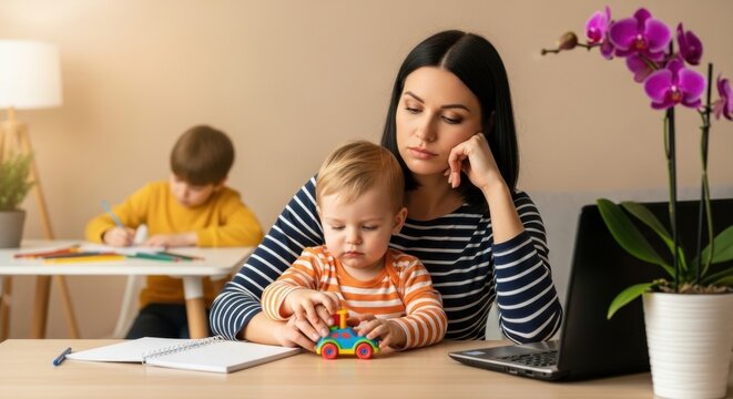 Tired mother juggling remote work and childcare with baby and boy at home - Powered by Adobe