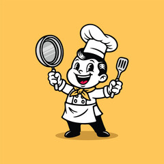 Retro Chef Mascot Illustration, Vintage Cooking Logo Character, Cartoon Chef with Pan and Spatula