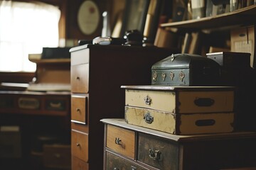 Vintage wooden chests and drawers in a sunlit room