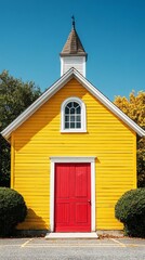 Vivid yellow church with red door under blue sky