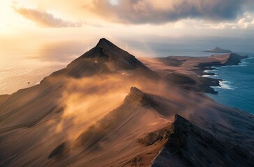 Volcanic landscape at sunrise, dramatic clouds, arid terrain