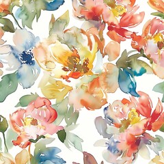 Watercolor floral pattern, vibrant blossoms in shades of pink, red, yellow, and blue on a white background