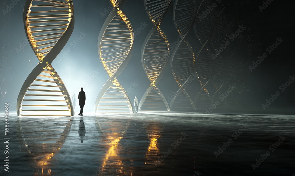 Poster futuristic display of dna strands illuminated in a dark environment
