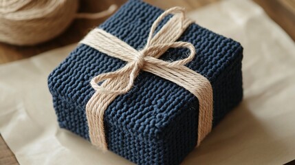 Knitted Navy Blue Gift Box Tied with Jute Twine on Brown Paper