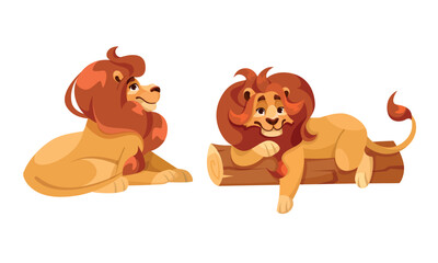 A delightful scene featuring playful cartoon lions happily relaxing in a lush forest setting