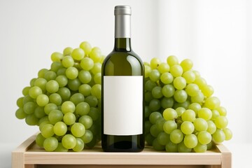 Obraz premium Blank label green wine bottle mockup with fresh green grapes on wooden tray and bright white background for branding presentation concept. Ai generative